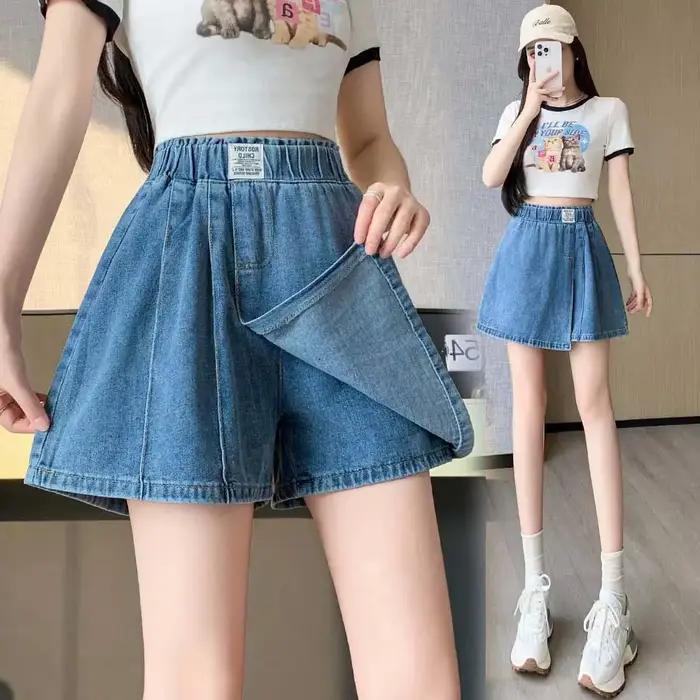 Jupe-short en jean à taille élastique effet deux pièces pour femme