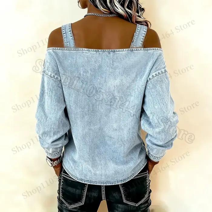 Haut en jean pour femme, élégant haut à épaules dénudées à manches longues avec bretelles, chemise en jean élégante et polyvalente