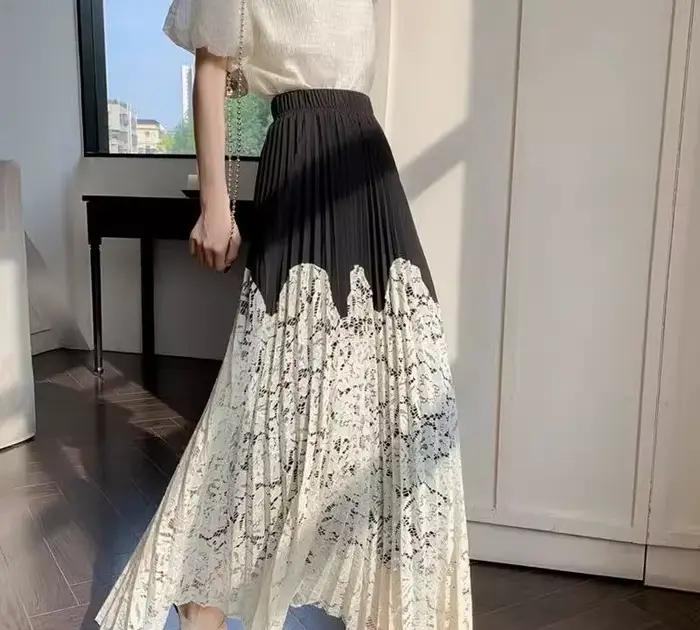 Jupe mi-longue plissée en dentelle patchwork pour femmes, nouveau style d'été, couvrant le croisement, taille haute, grande jupe longue évasée