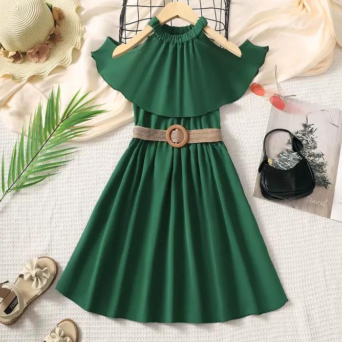 Robe de princesse pour filles de 8 à 12 ans, épaules dénudées, verte, avec ceinture, pour enfants filles, école d'été, tenue trapèze décontractée quotidienne