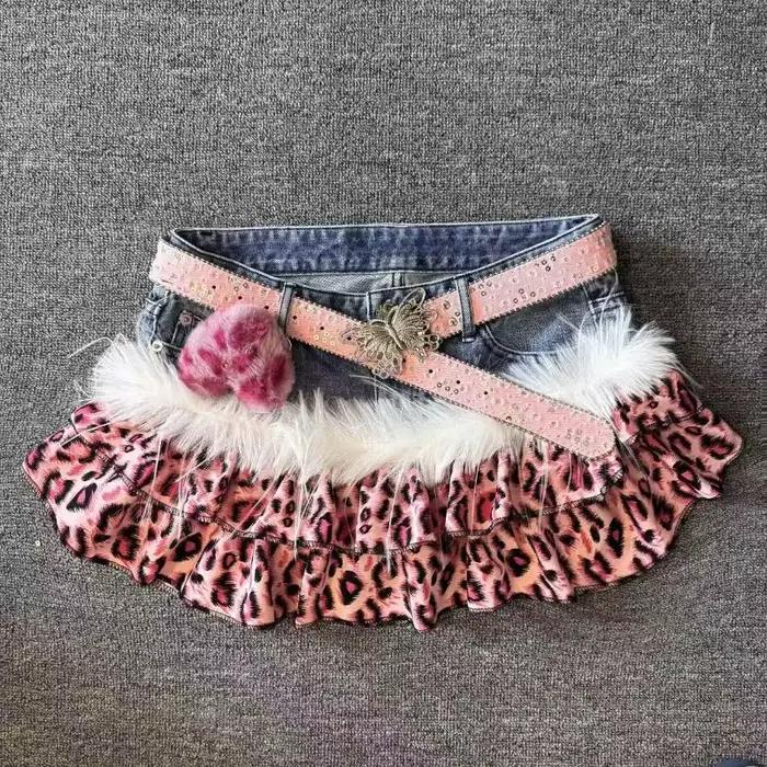 Mini-jupe en jean vintage à imprimé léopard rose