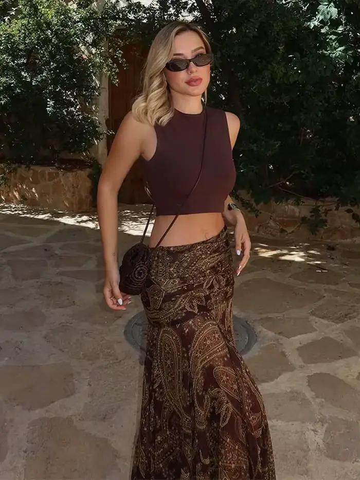 Jupe imprimée taille haute pour femmes, vêtements Vintage, imprimé Floral, taille élastique, grand ourlet, jupes mi-longues de vacances, automne