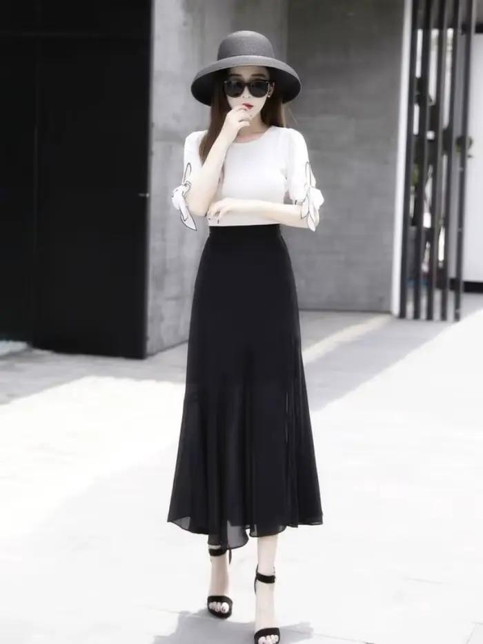 Jupe femme taille haute en mousseline de soie avec fente jupes