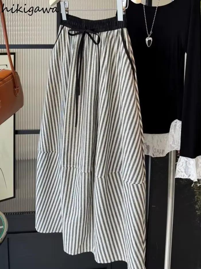 Vintage rayé jupes pour femmes élastique taille haute coupe ajustée Jupe 2025 Faldas Mujer De Moda ample été Saia