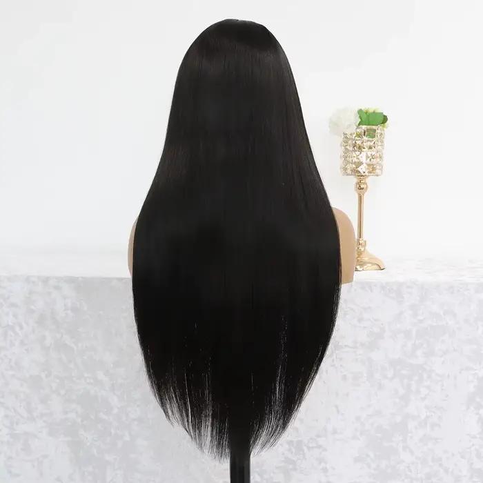 Perruque Lace Front Wig Synthétique HD Sans Colle, Cheveux Longs et Lisses, Noirs Naturels, Pre-Plucked, Fibre de Degré de Chaleur, pour Femme