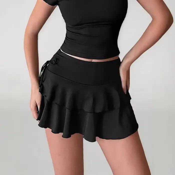 1 pièces femmes élégantes couches à volants Mini jupe-été taille haute en mousseline de soie jupe décontracté