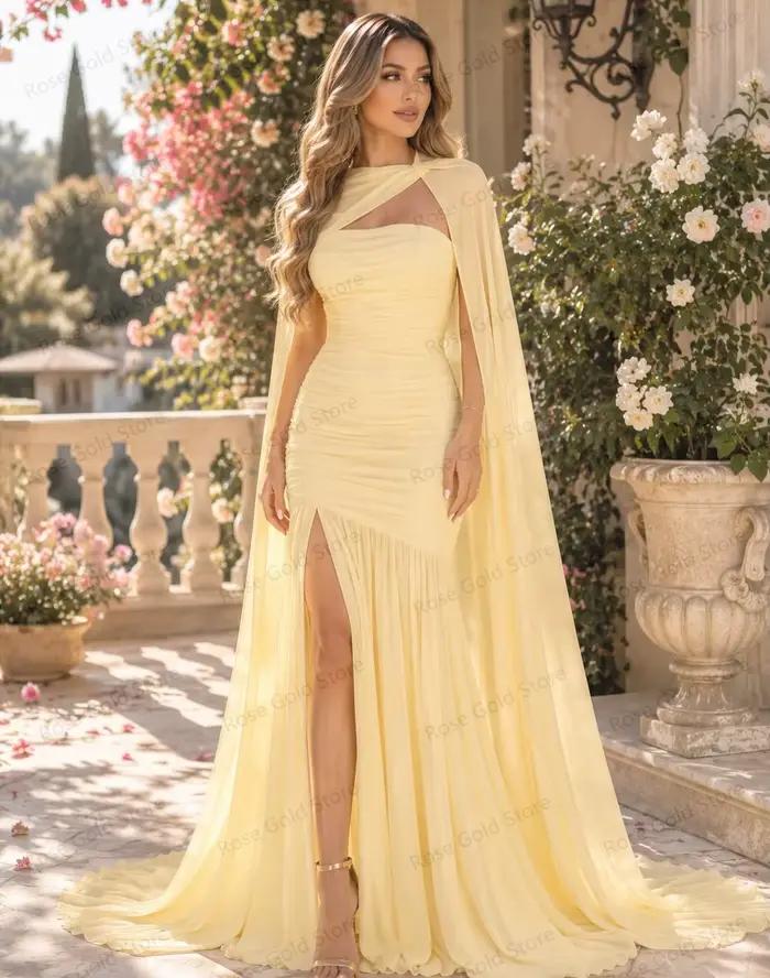 Robes de soirée chics et fluides avec fente latérale, jupe froncée, robe de fête de luxe avec châle, robe de bal, Vestidos personnalisables