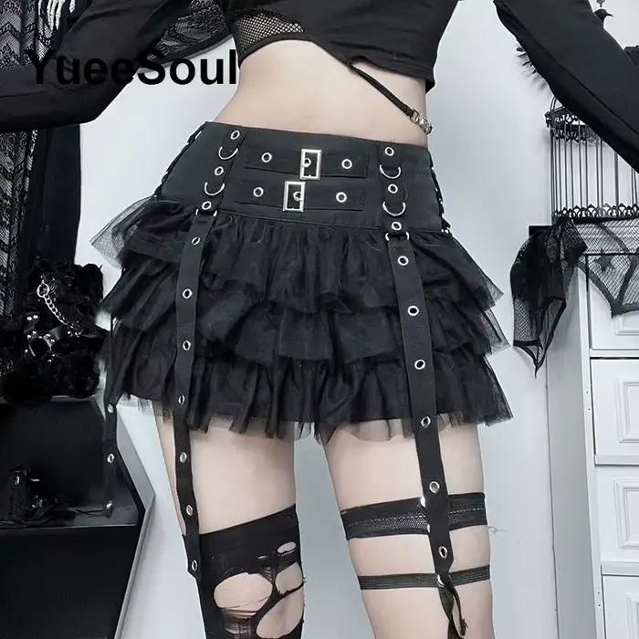 Mini-jupes gothiques noires taille haute pour femmes, nouvelle collection 2026, style Y2K, Harajuku, punk, goth, dark, grunge, streetwear, vêtements féminins