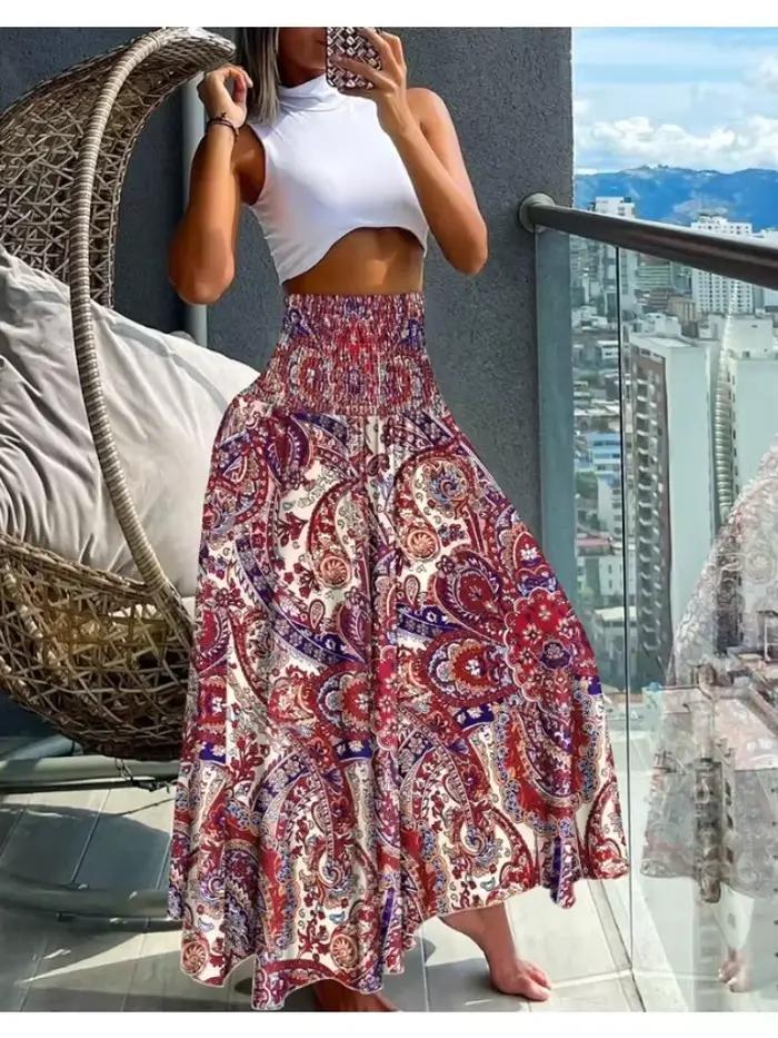 Grande taille femmes mode imprimé fleuri plis bohème élastique