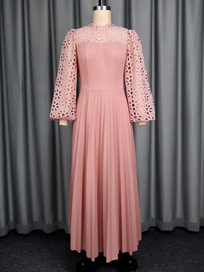Robe longue plissée en dentelle Patchwork rose, col rond, manches lanternes, élégante, décontractée, tenue de bureau, longueur cheville