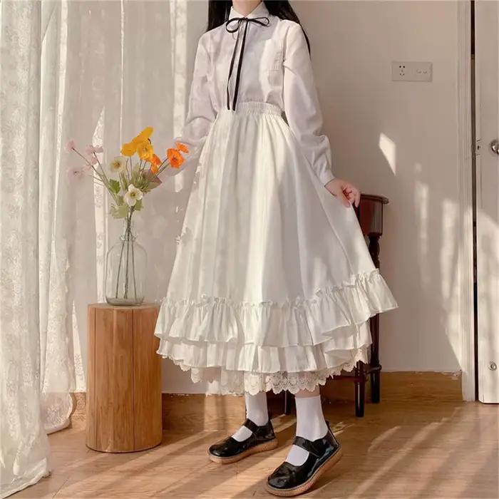 Jupe trapèze à volants en dentelle de style japonais pour femmes