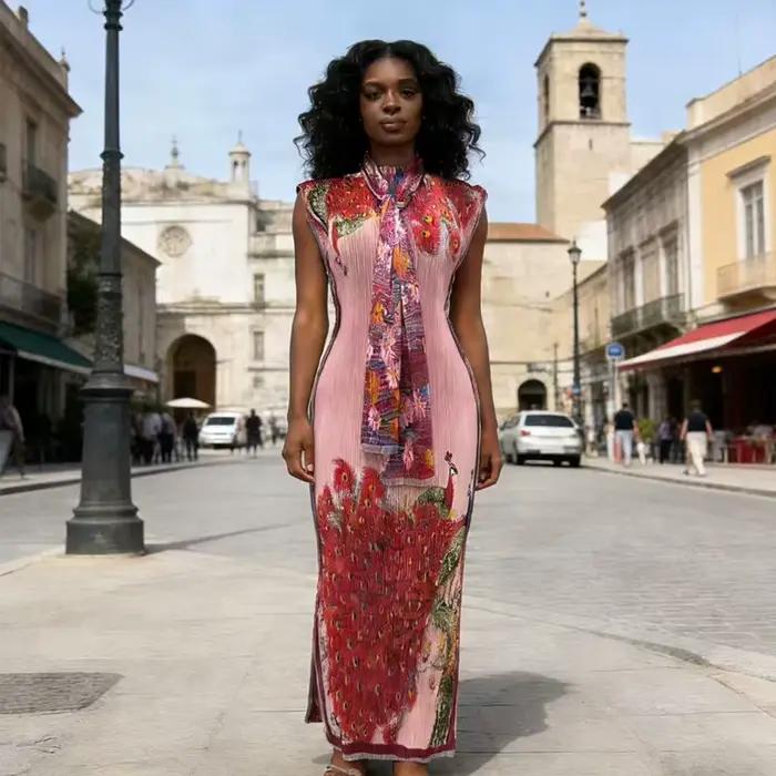 Robe longue décontractée sans manches pour femme, collection été 2026, élégante, imprimé 3D, style fourreau, maxi