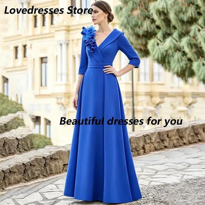 Robes personnalisées pour la mère de la mariée, bleu royal, col en V, manches 3/4, fleurs 3D, robe longue formelle pour invitées de mariage, robe de soirée