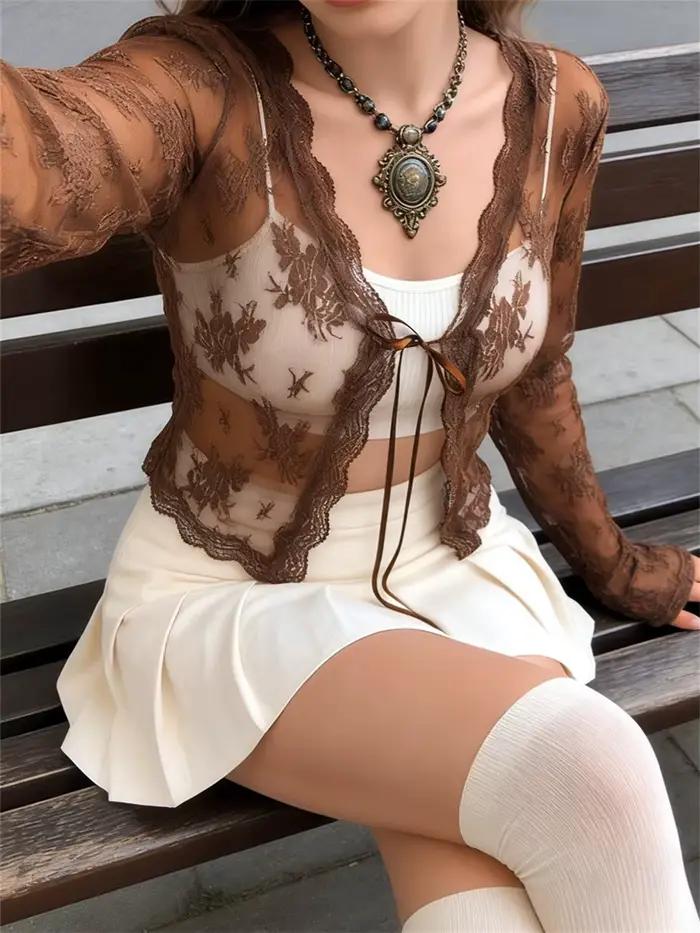 Chemise en dentelle florale à manches longues pour femmes, blouse droite avant, chemisiers de plage Y et sexy, voir à travers les couvertures féminines