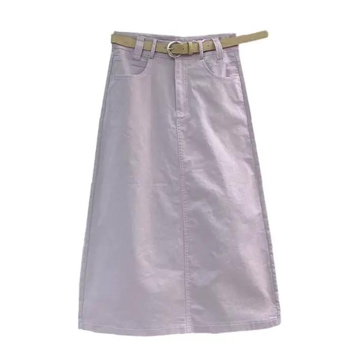 Jupe mi-longue en jean délavé à taille haute pour femme