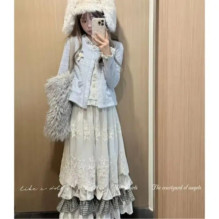 Femmes doux Vintage Mori fille Style taille haute épissage Plaid jupe longue hiver nouvelle mode coréenne Beige dentelle Kawaii jupes Maxi