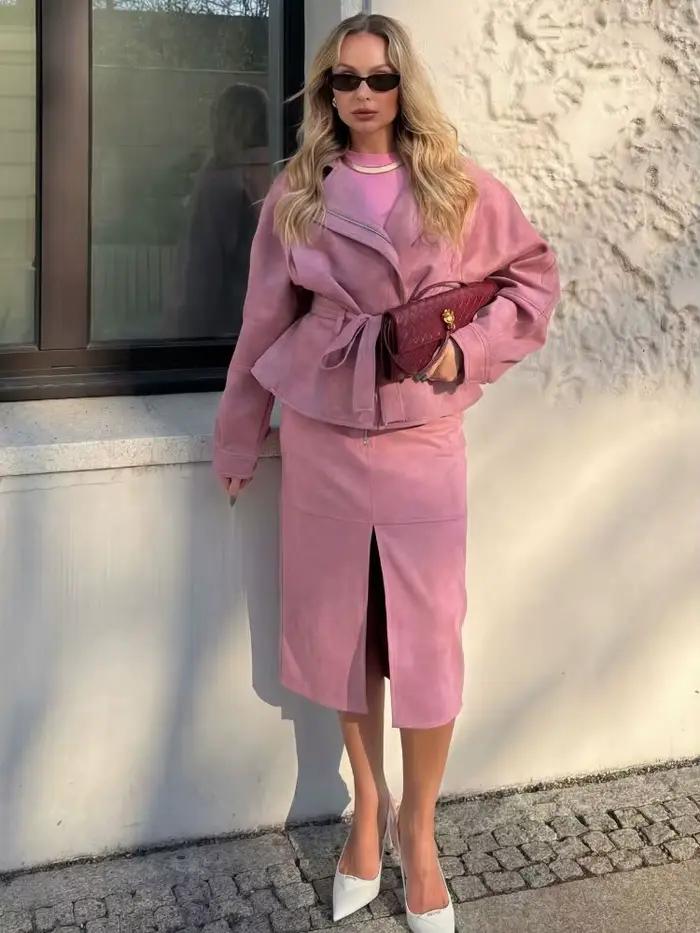 Ensemble jupe et veste courte asymétrique à fermeture éclair et ceinture pour femme HH