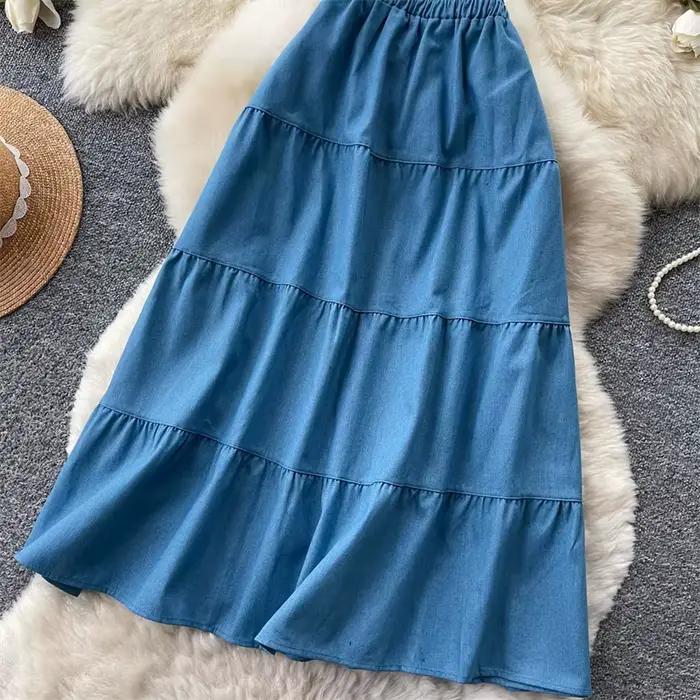 Jupe longue en jean décontractée avec volants superposés pour femme style vintage pour plage et quotidien