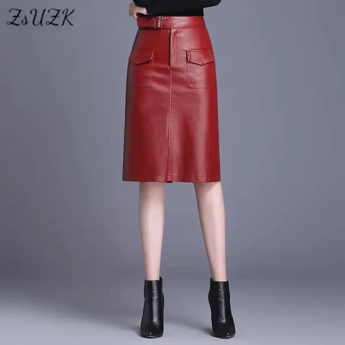 ZUZK femmes genou longueur PU jupe en cuir printemps automne couleur unie décontracté jupes droites
