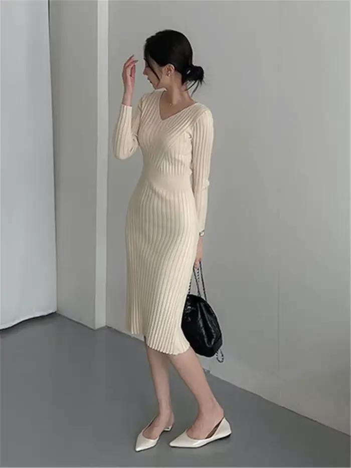 Robe pull en tricot pour femmes, Vintage, paquet de tricot, hanche élégante, tricot élastique, robes mi-longues pour automne et hiver