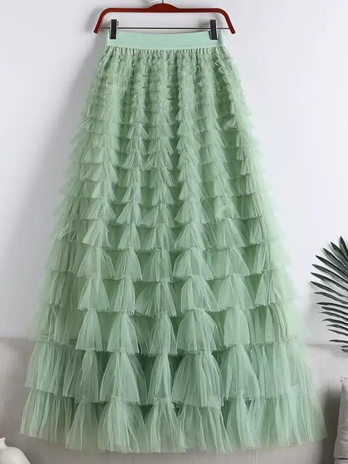 LANMREM mode maille jupe femmes taille haute a-ligne gaze épissé couleur unie jupes amples polyvalent 2025 printemps nouveau 2AA4000