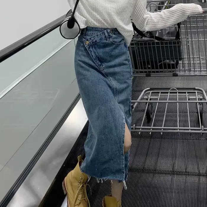 Jupe en jean taille haute fendue sur le devant pour femmes