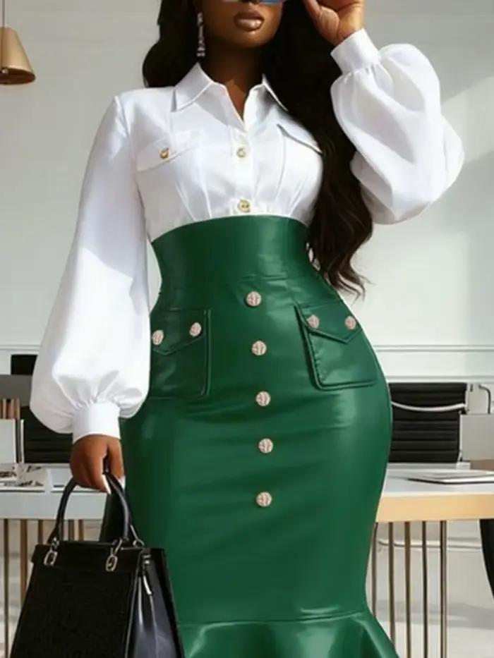 UOOZEE femmes Faux cuir taille haute jupe Midi boutons dorés évasé sirène ourlet formel bureau Cocktail jupes moulantes 2026