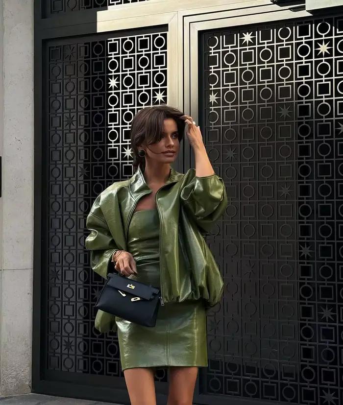 Ensemble jupe en cuir vert Vintage pour femmes