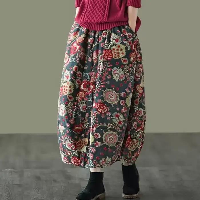 Jupe mi-longue rétro en coton et lin à imprimé floral artistique
