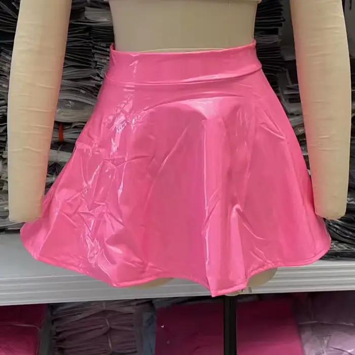 Jupe plissée en cuir verni PVC pour femme, jupe évasée brillante style patineuse, mini-jupe avec fermeture éclair pour soirée, club, cosplay