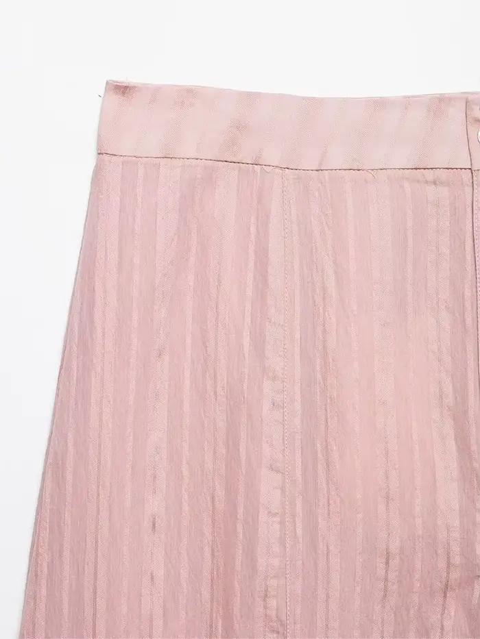 Jupe mi-longue décontractée évasée taille haute rose clair rayée élégante et respirante pour femme – Collection Printemps-Été