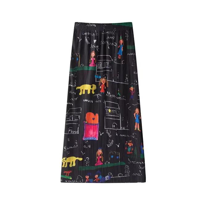 Jupe plissée style Miyake, design de niche, taille haute, imprimé dessin animé, amincissante, pour femme, été