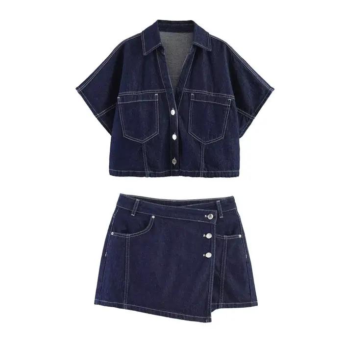 Ensemble deux pièces décontracté pour femme : haut court et jupe courte asymétrique en jean rétro, style urbain, mode estivale