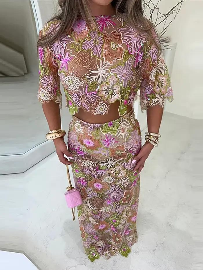 Rétro brodé paillettes haut jupe longue ensemble dame Sexy irrégulière hauts courts Perspective perles jupes ensembles femmes 2025 Chic rue