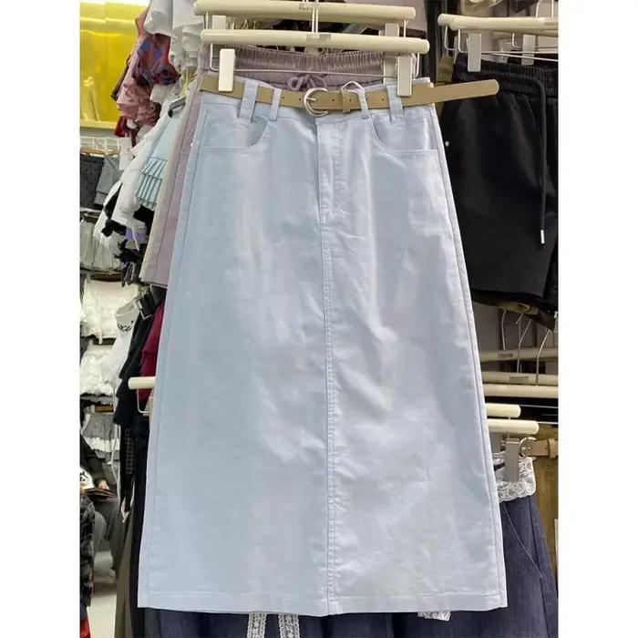 Jupe mi-longue en jean délavé à taille haute pour femme