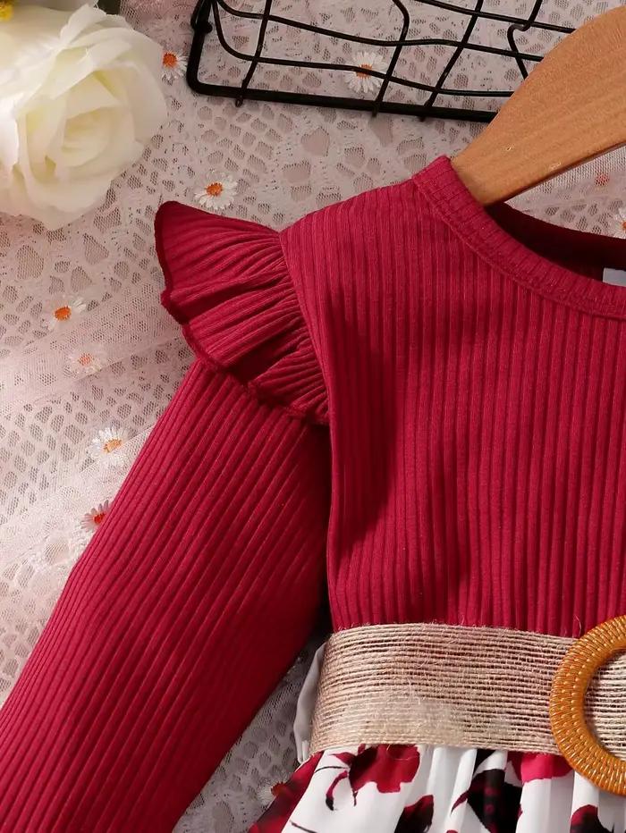 Robe à manches longues pour filles de 1 à 7 ans, jupe à fleurs avec ceinture, tenue de fête d'anniversaire, vêtements de nouvel an