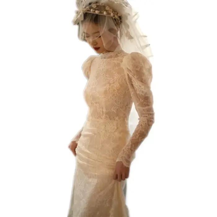 Robe de mariée légère française rétro, manches longues, queue de poisson, en dentelle, pour photographie de voyage, robe de Banquet, personnalisée