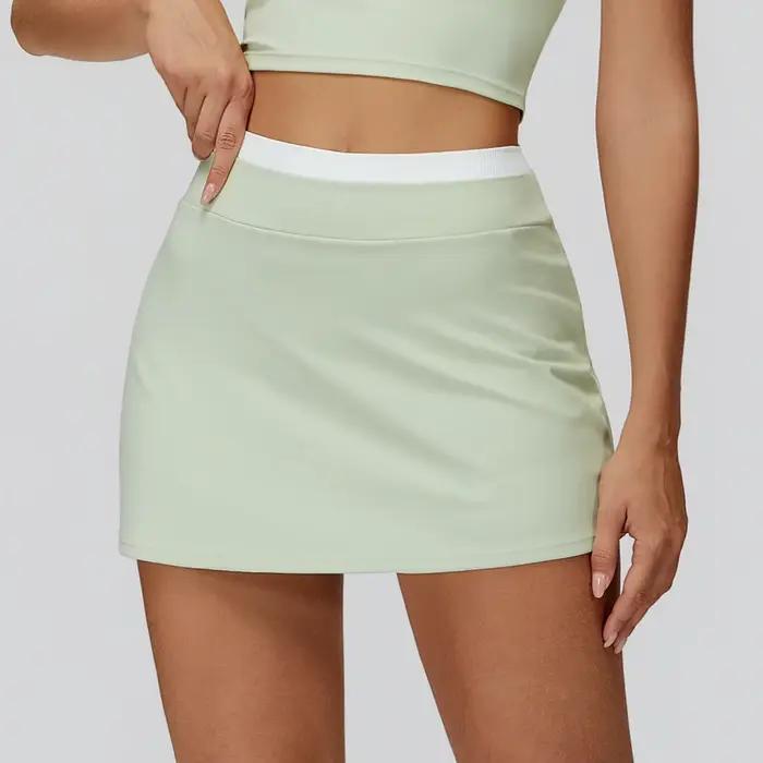 Jupe de Yoga taille haute avec poches, faux deux jupes de sport pour femmes, couleur unie, entraînement de course, séchage rapide, Fitness, Tennis