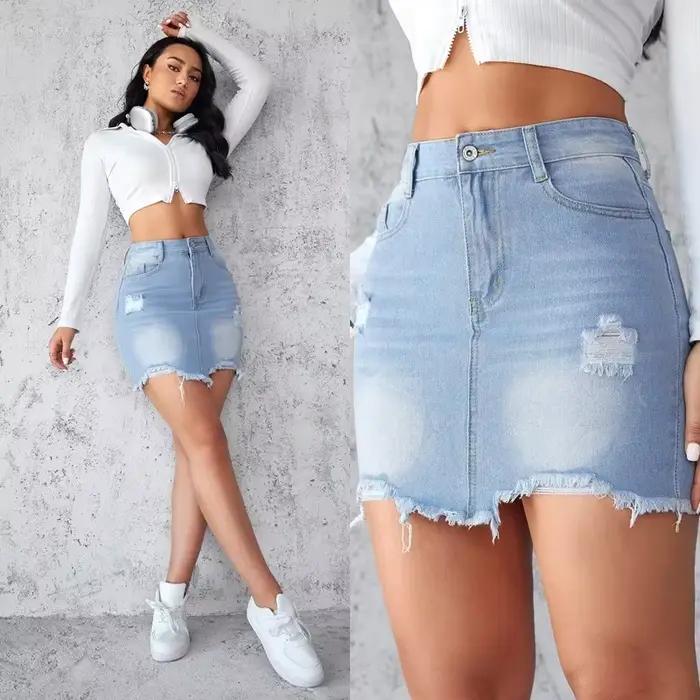 Été nouvelle jupe en jean pour femmes mode courte Sexy déchiré bord brut