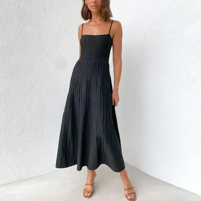 Robe longue plissée tricotée, taille haute, mi-longue, écharpe, élégante, sans manches, jaune, Streetwear, noire, moulante