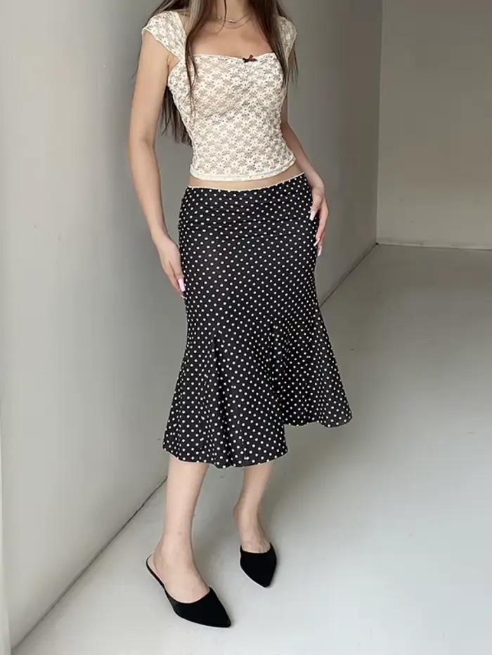 Jupes longues imprimées à pois pour femmes Streetwear mi-mollet Faldones Para Mujer trompette Jupe Longue Femme mode coréenne vêtements
