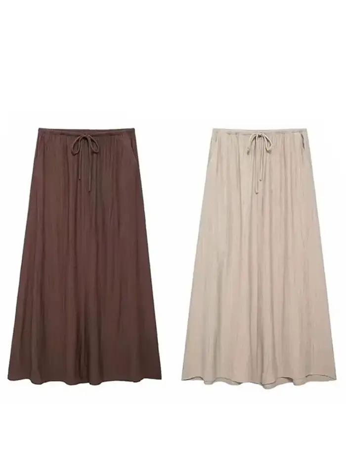 HH femmes été élégant a-ligne plissée jupe Midi mode solide cordon taille haute jupes femme robe longue décontractée