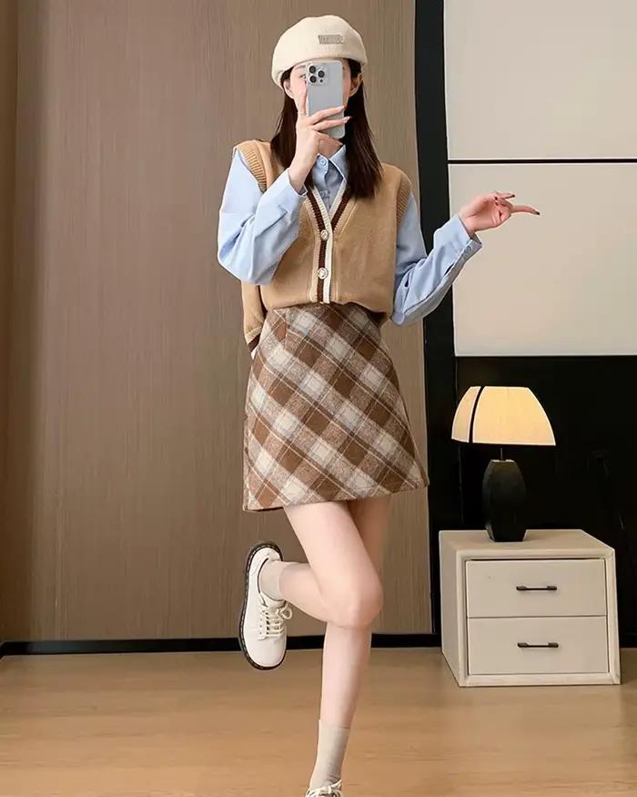 Jupe demi-plaid A-Word en laine de luxe