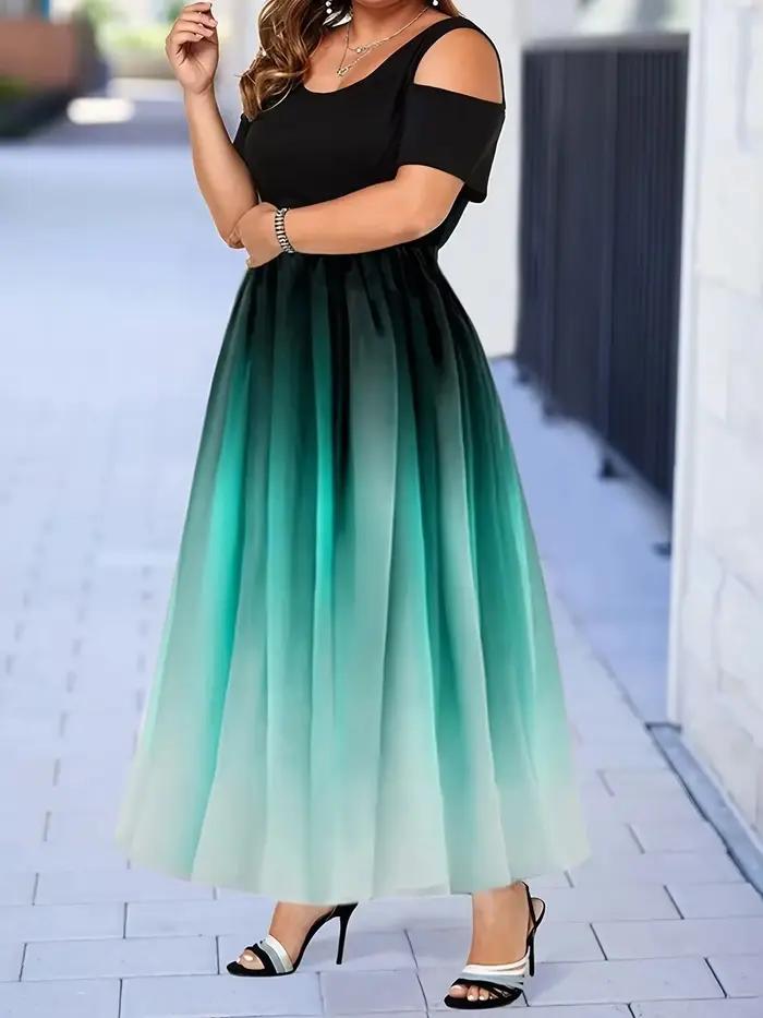 Robe longue à imprimé arc-en-ciel élégante en polyester pour femmes grandes tailles occasions spéciales soirée星空彩虹印花长裙女士大码优雅场合晚会专用