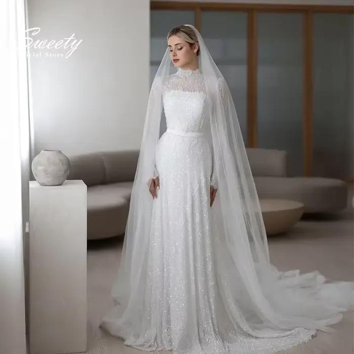 Robe de Mariée en Dentelle Brodée à Manches sulfet Col Haut
