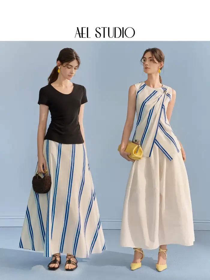 Ensemble jupe et haut sans manches rayé bleu et blanc AEL pour femme, style marin, jupe asymétrique en pur coton, idéal pour les vacances d'été