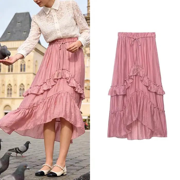 Jupe longue rose à volants superposés pour femme