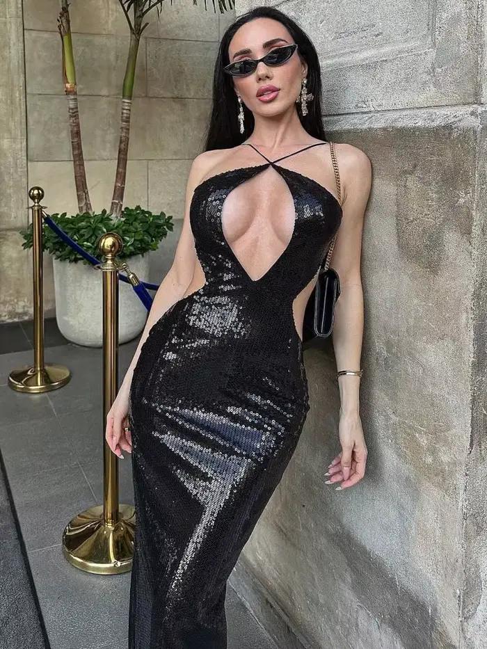 Robe longue noire sexy à paillettes dos nu profond décolleté plongeant pour soirées de club anniversaires DJ femmes sans manches polyester