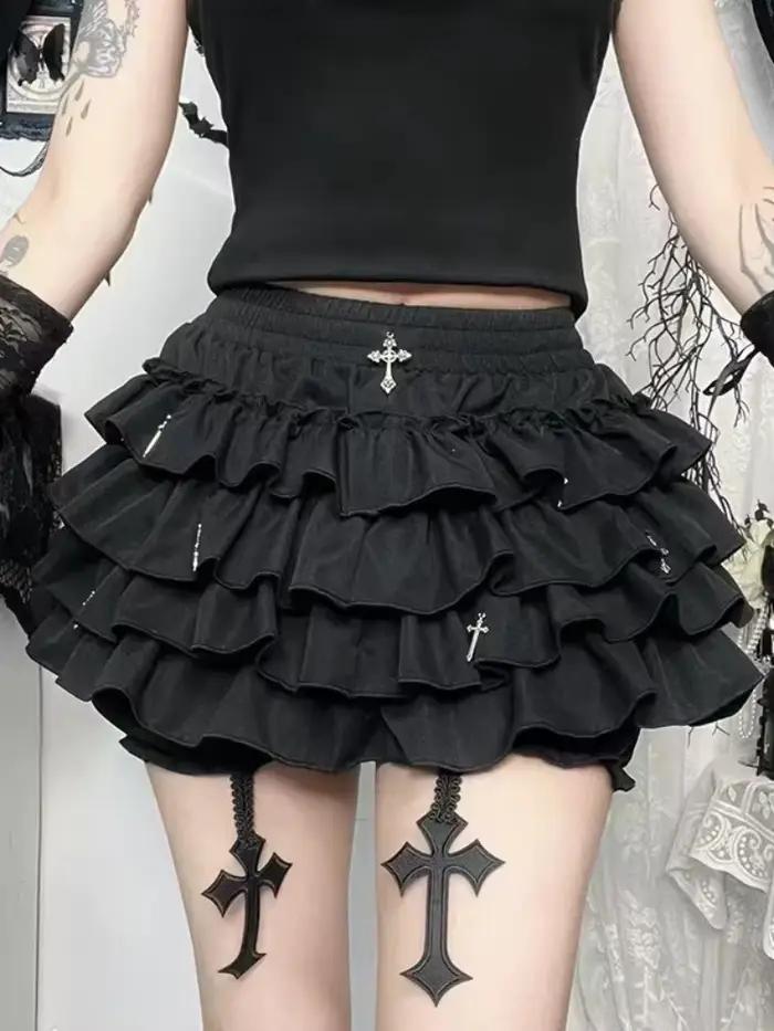 Jupes pour femmes, jupe courte à volants superposés avec breloques croisées, short intégré, jupe-short kawaii, style gothique punk coquette Y2K E-girl