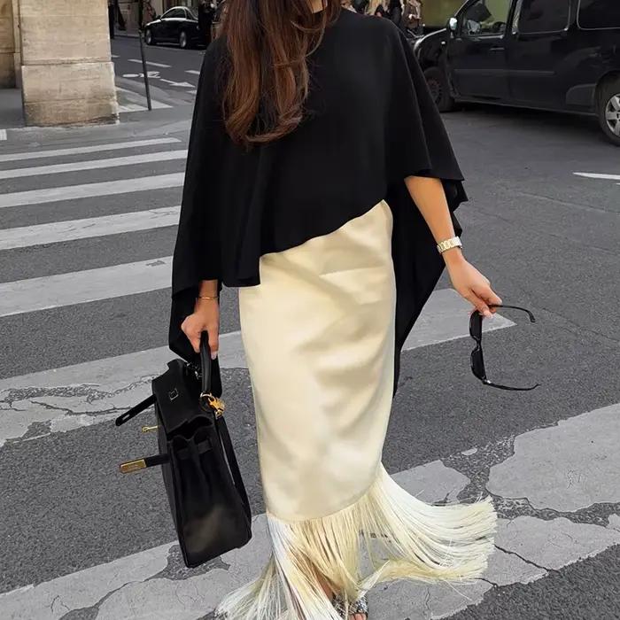 Jupes longues en satin beige à franges Linad Street Chic pour femme 2026
